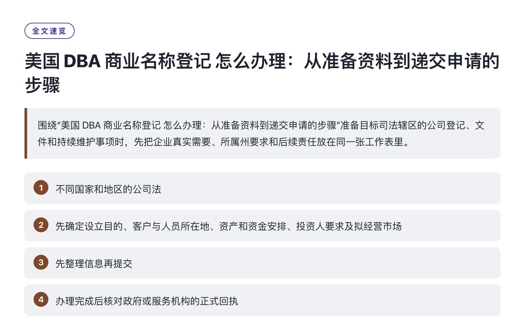 美国 DBA 商业名称登记 怎么办理：从准备资料到递交申请的步骤——全文要点速览